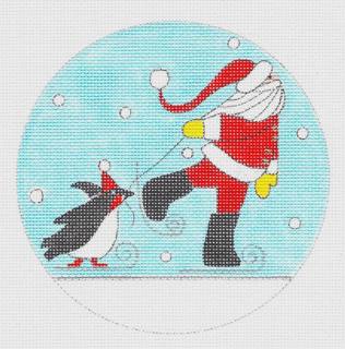 Round ~ The Skaters ~ Santa and His Penguin with Stitch Guide 18 Mesh handpainted Needlepoint Canvas by Mile High Princess by Mile High Princess (thumbnail)