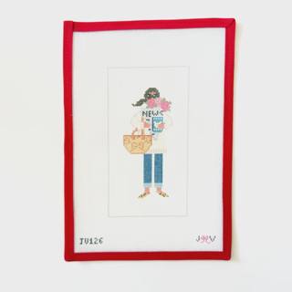 News & Flowers Girl (dark) by Jennifer Vallez Needlepoint (thumbnail)
