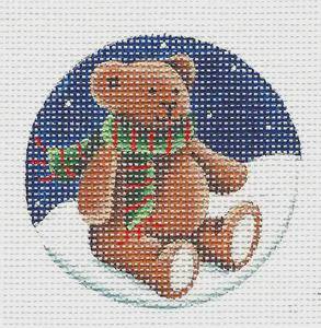 Round ~ Teddy Bear Wearing a Scarf 2.5" Rd. Ornament handpainted 18 Mesh Needlepoint Canvas Rebecca Wood by Rebecca Wood Designs (thumbnail)