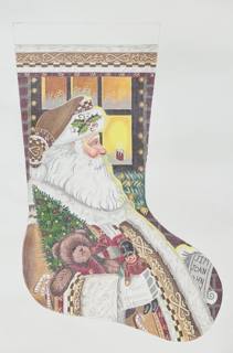 santa on the job stocking by Susan Roberts Needlepoint (thumbnail)