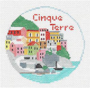 Travel Round ~ CINQUE TERRE ITALY ~ Italian Riviera 4" Rd. handpainted 18 Mesh Needlepoint Canvas by Kathy Schenkel by Kathy Schenkel (thumbnail)