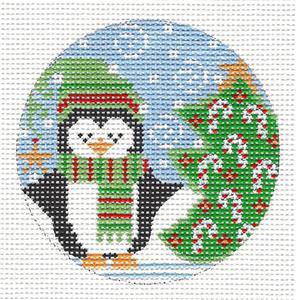 Penguin ~ Penguin & Candy Cane Christmas Tree handpainted 3" Rd. 18 Mesh Needlepoint Ornament Canvas from Danji by Danji Designs (thumbnail)