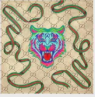Designer Scarf Series - Tans with Tiger among green and red swirling ribbons by Kate Dickerson Needlepoint Collections (thumbnail)