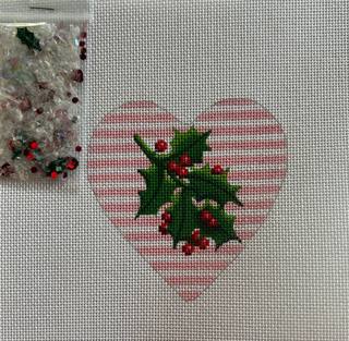 Heart Mini w/clear dome/confetti - Holly/Berries on Pink stripes by Kate Dickerson Needlepoint Collections (thumbnail)
